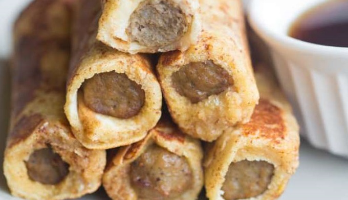 French Toast Sausage Roll Ups with a Side of Maple Syrup