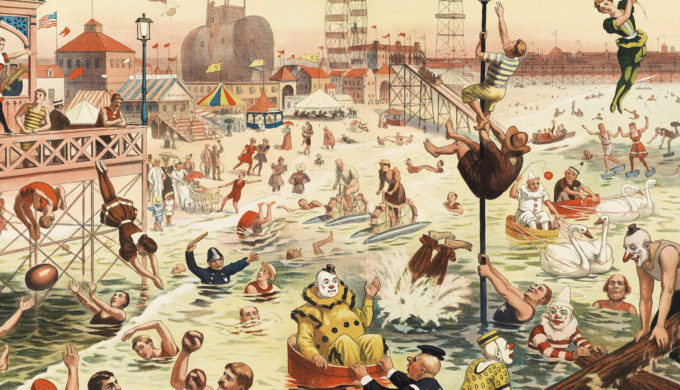 CIN862746 The Barnum & Bailey Greatest Show on Earth - The Great Coney Island Water Carnival, c.1898 (chromolitho) by American School, (19th century); Cincinnati Art Museum, Ohio, USA; (add.info.: Coney Island is a residential neighborhood, peninsula and beach on the Atlantic Ocean in southwestern Brooklyn, New York City. Coney Island is well known as the site of amusement parks and a seaside resort. The attractions reached their peak during the first half of the 20th century.
The Ringling Brothers Circus was a circus founded in the United States in 1884 by five of the seven Ringling Brothers: Albert (1852–1916), August (1854–1907), Otto (1858–1911), Alfred T. (1862–1919), Charles (1863–1926), John (1866–1936), and Henry (1869–1918). In 1907 it acquired the Barnum & Bailey Circus, merging them in 1919 to become Ringling Brothers Barnum and Bailey Circus, promoted as The Greatest Show on Earth.); American,  out of copyright