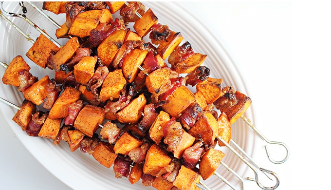 BBQ Sides Spiced Sweet Potato Bacon Skewers from Home Cooking Memories