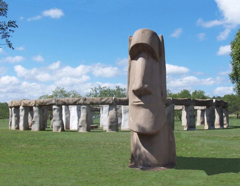 Stonehenge II with Easter Island Statue in Front Texas Hill Country