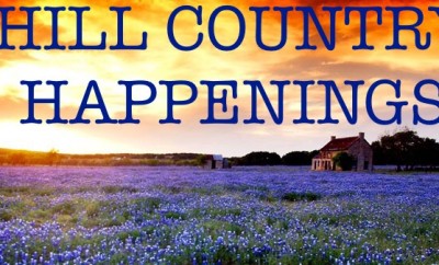 Hill Country Happenings written over picture of a golden sunset over a field of bluebonnets