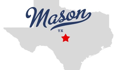 Map of Texas with Mason superimposed in blue script