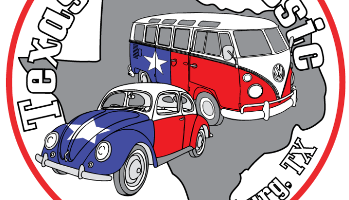 Texas Volkswagon Classic logo with a VW van and beetle bug in red, white and blue Texas flag detail